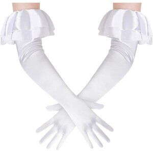 Women's White Long Satin Ruffle Cuff Stretchy Sleeves Gloves Wedding Costume